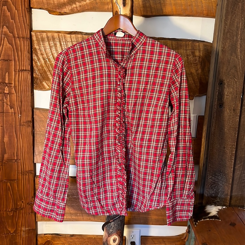 J. Crew Cotton Plaid Shirt Pearl Snaps Short Collar Ruffled Snap Closing